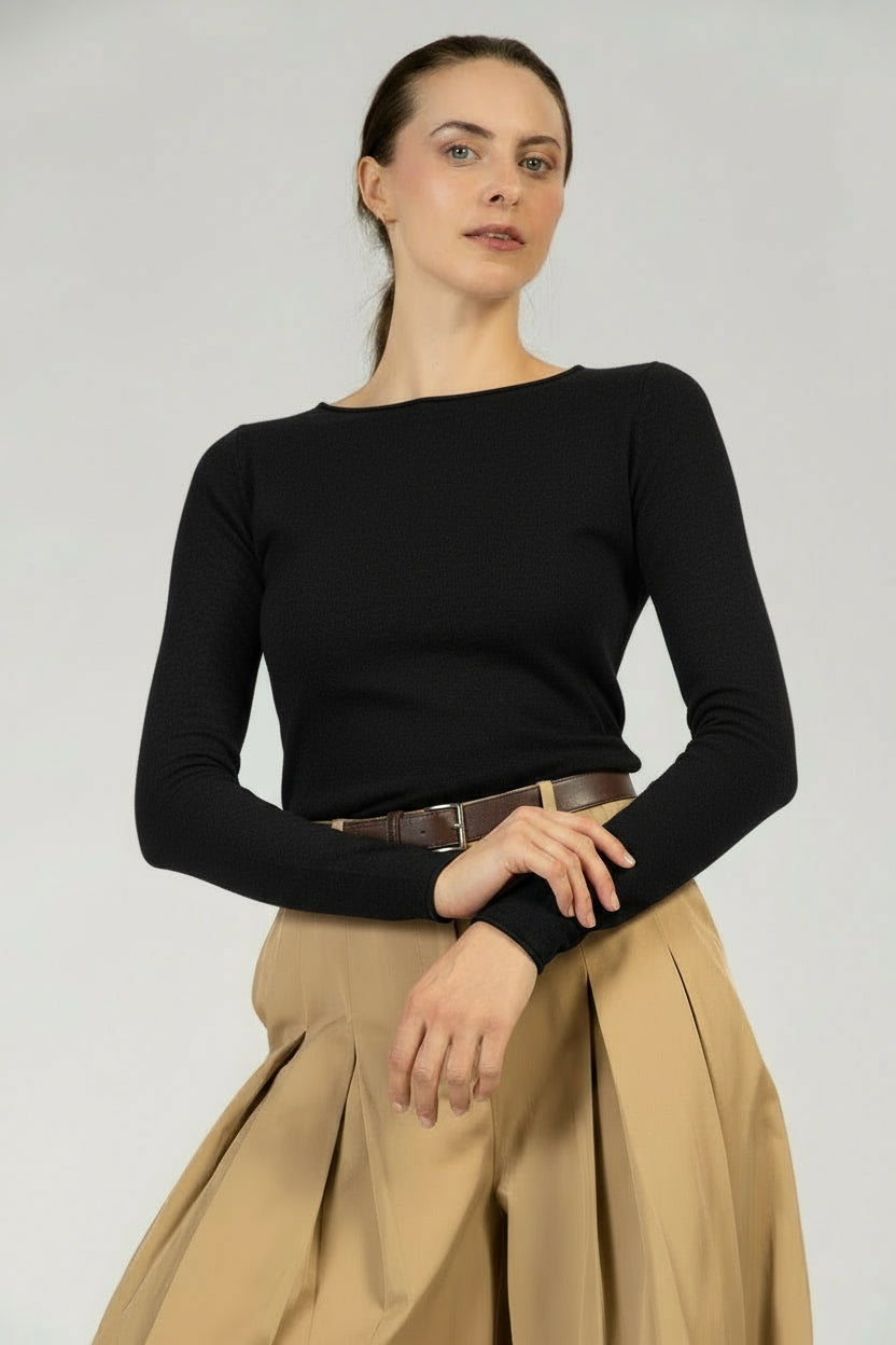 Annabelle – Cashmere Seide Top mit U-Boot-Ausschnitt - BLACK