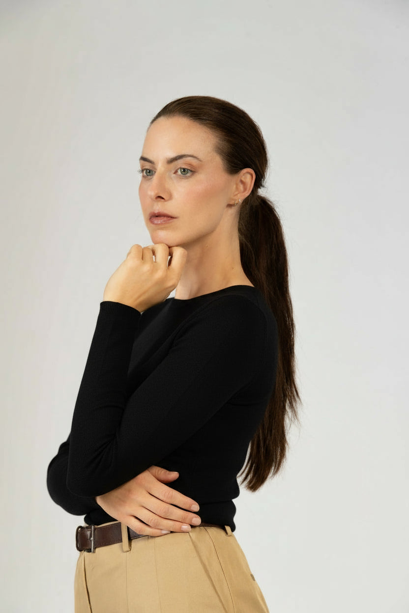 Annabelle – Cashmere Seide Top mit U-Boot-Ausschnitt - BLACK