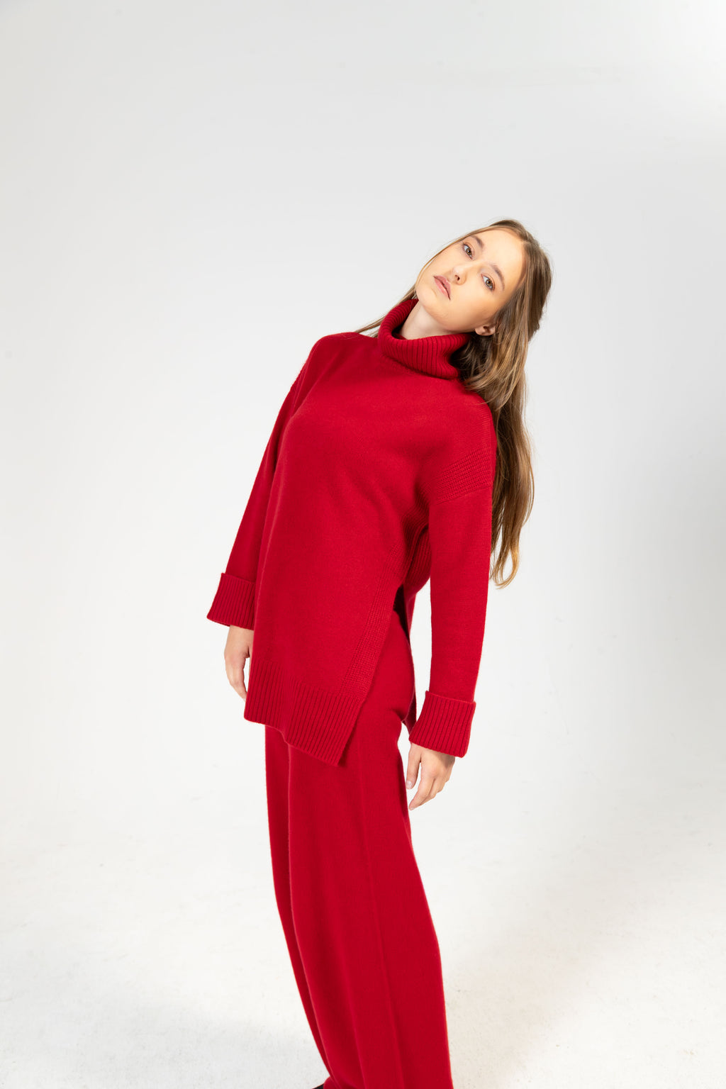 Alba – Cashmere Strickhose mit breitem Komfortbund - Granatapfelrot