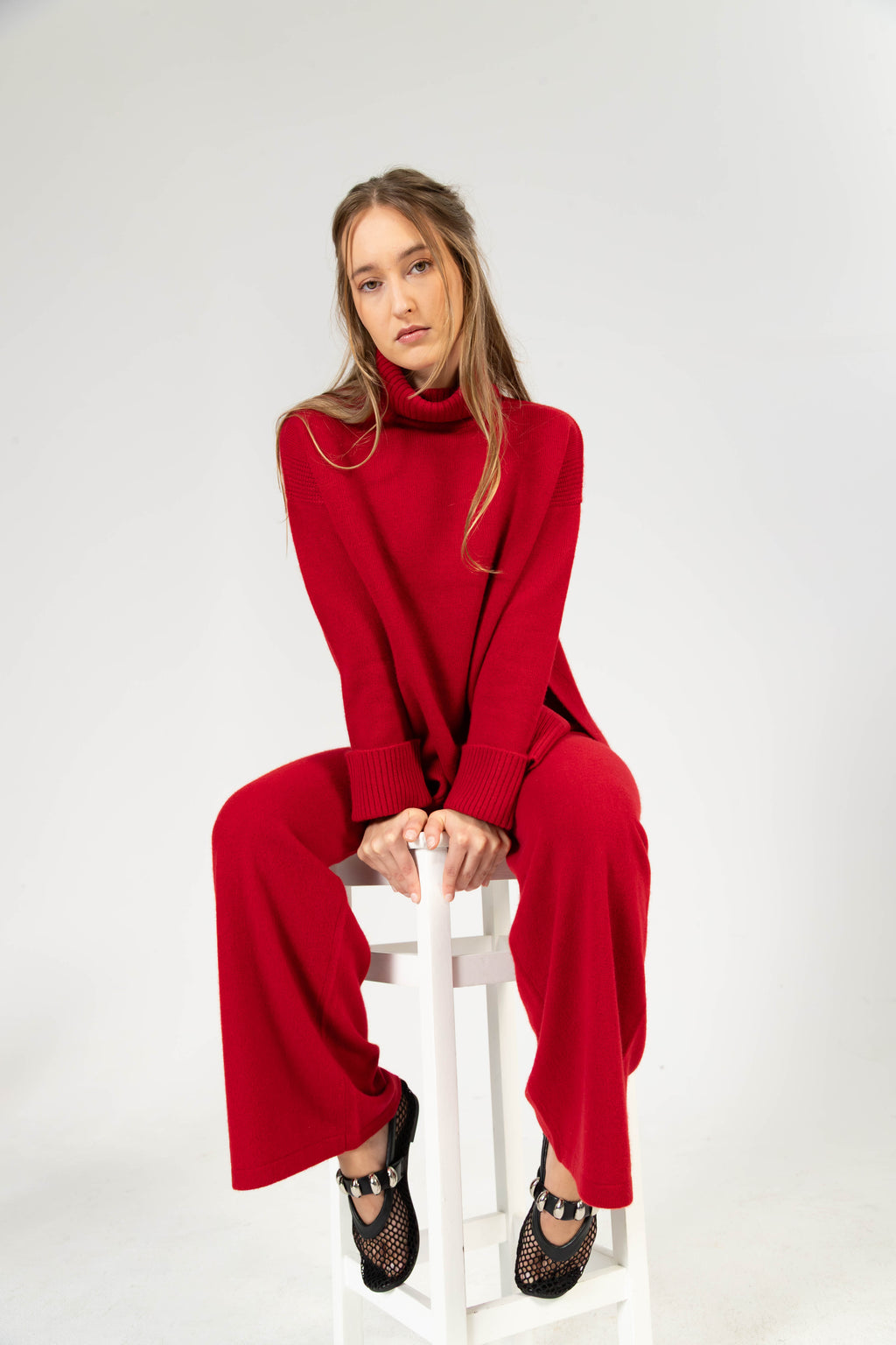 Alba – Cashmere Strickhose mit breitem Komfortbund - Granatapfelrot