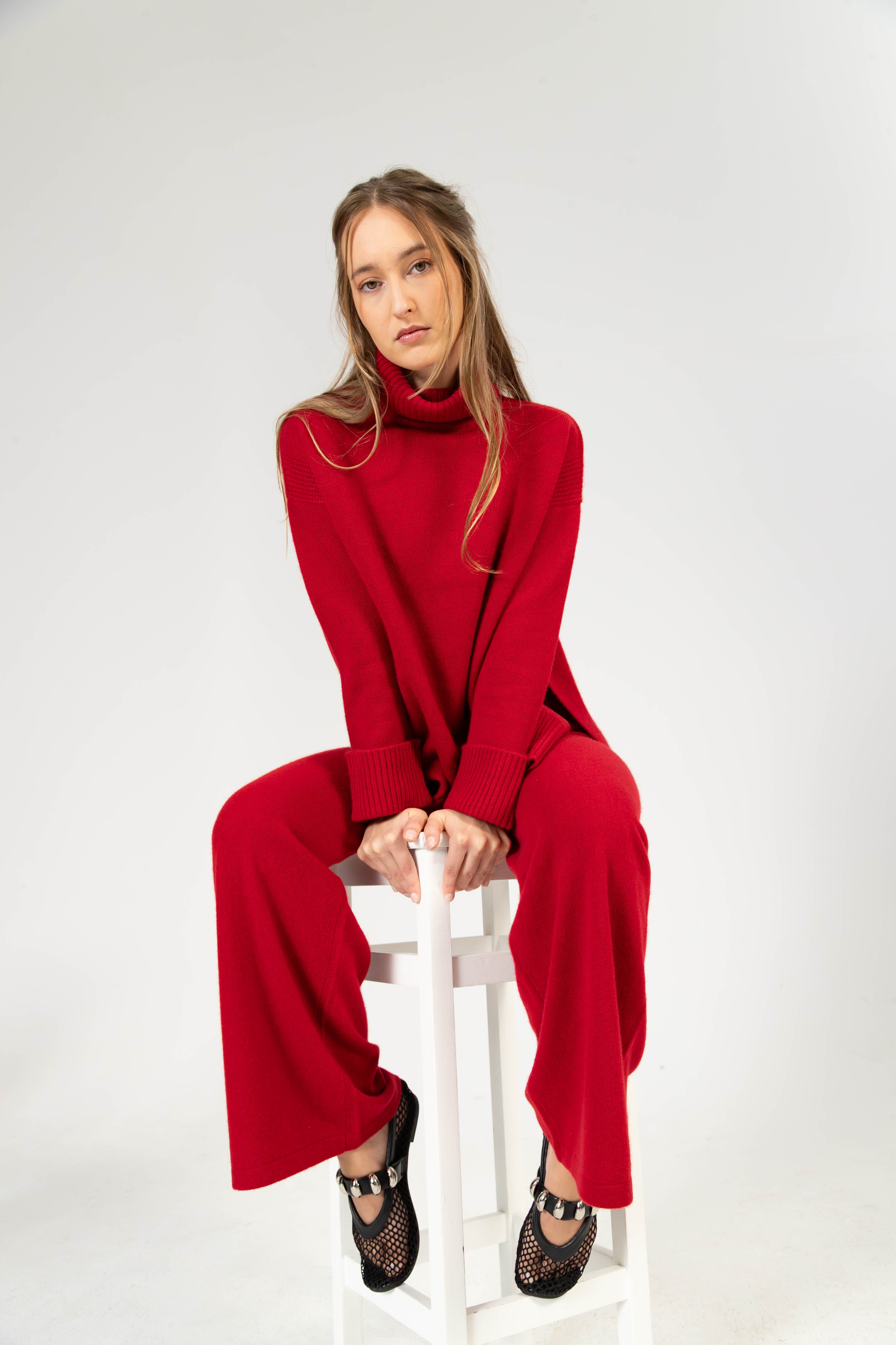 Alba – Cashmere Strickhose mit breitem Komfortbund - Granatapfelrot