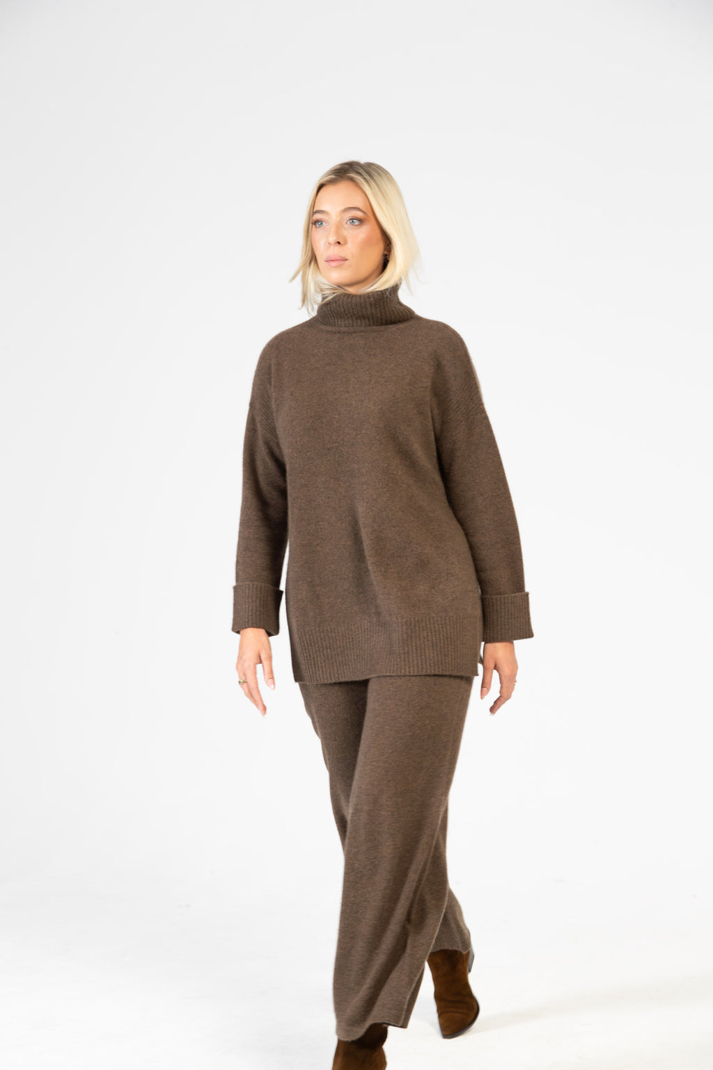 Alba – Cashmere Strickhose mit breitem Komfortbund - Espresso Mélange