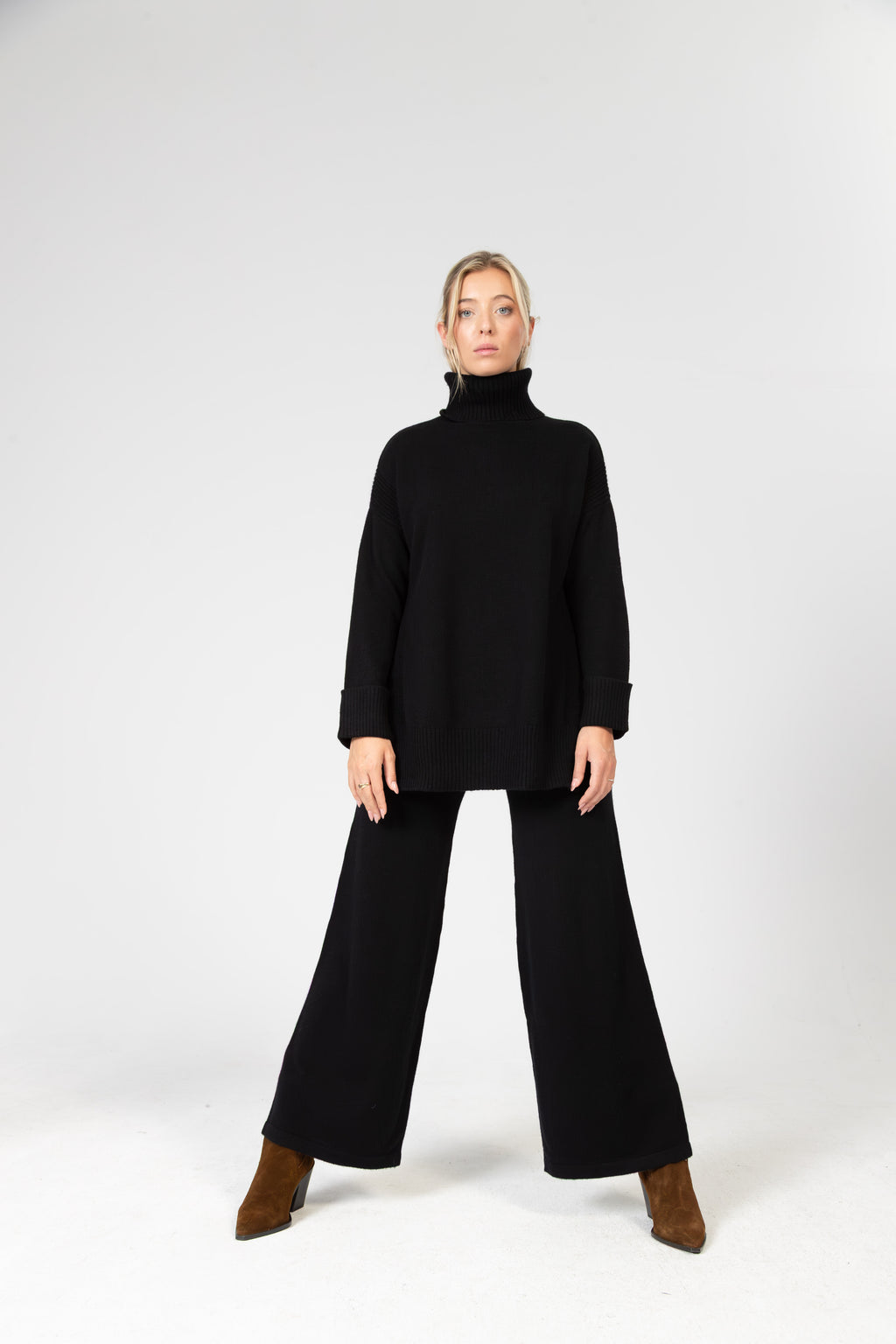 Alba – Cashmere Strickhose mit breitem Komfortbund - Schwarz